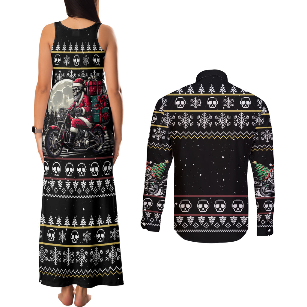 Christmas Skull Couples Matching Tank Maxi Dress and Long Sleeve Button Shirt Santa Skull Ride Motorbike - Wonder Print Shop