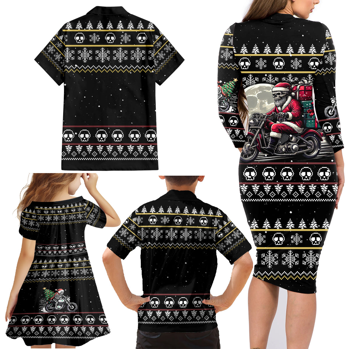 Christmas Skull Family Matching Long Sleeve Bodycon Dress and Hawaiian Shirt Santa Skull Ride Motorbike - Wonder Print Shop
