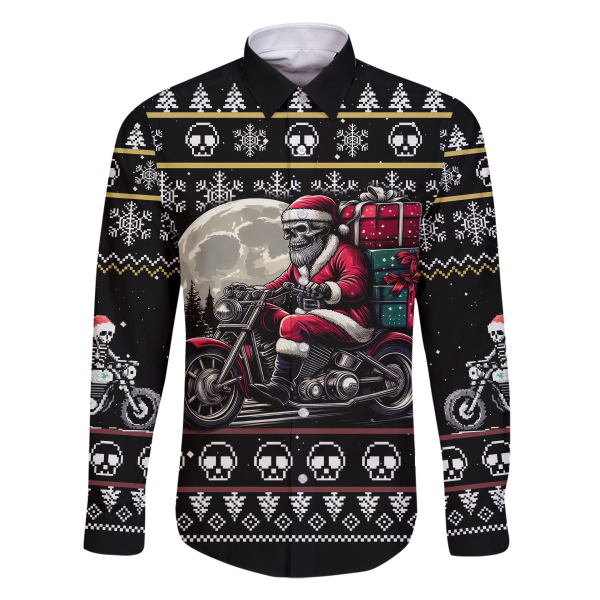 Christmas Skull Family Matching Long Sleeve Bodycon Dress and Hawaiian Shirt Santa Skull Ride Motorbike - Wonder Print Shop