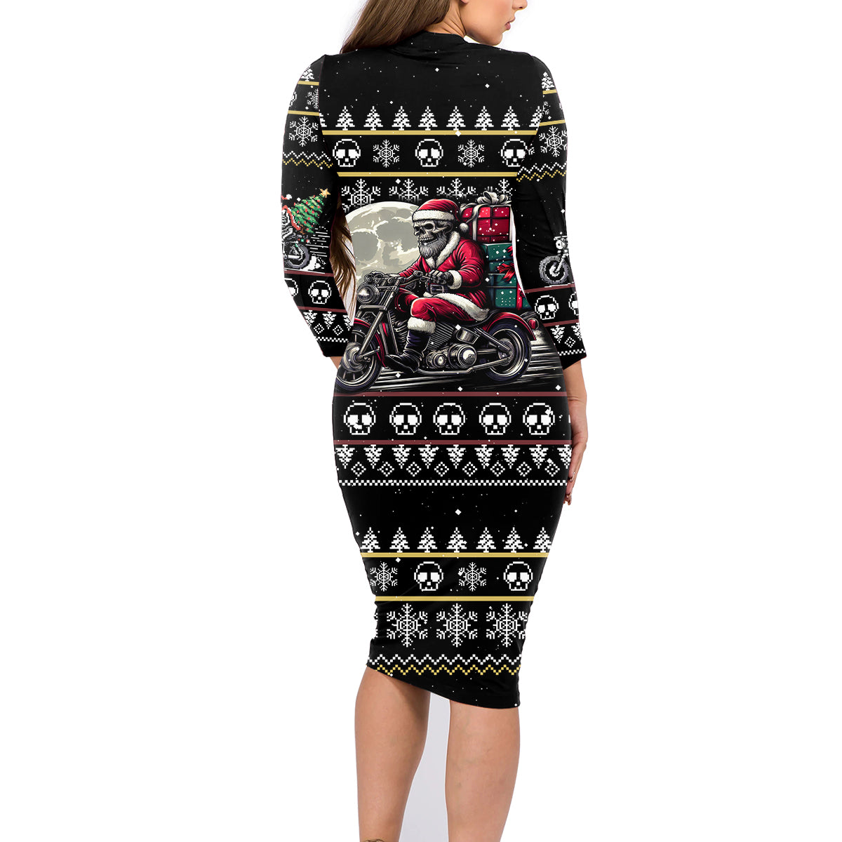 Christmas Skull Family Matching Long Sleeve Bodycon Dress and Hawaiian Shirt Santa Skull Ride Motorbike - Wonder Print Shop