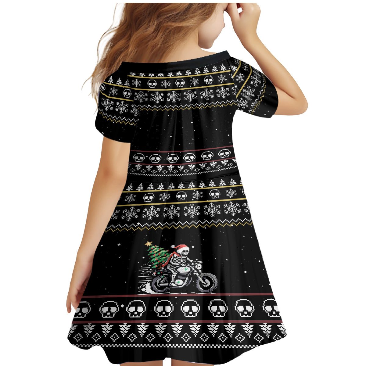 Christmas Skull Family Matching Mermaid Dress and Hawaiian Shirt Santa Skull Ride Motorbike - Wonder Print Shop