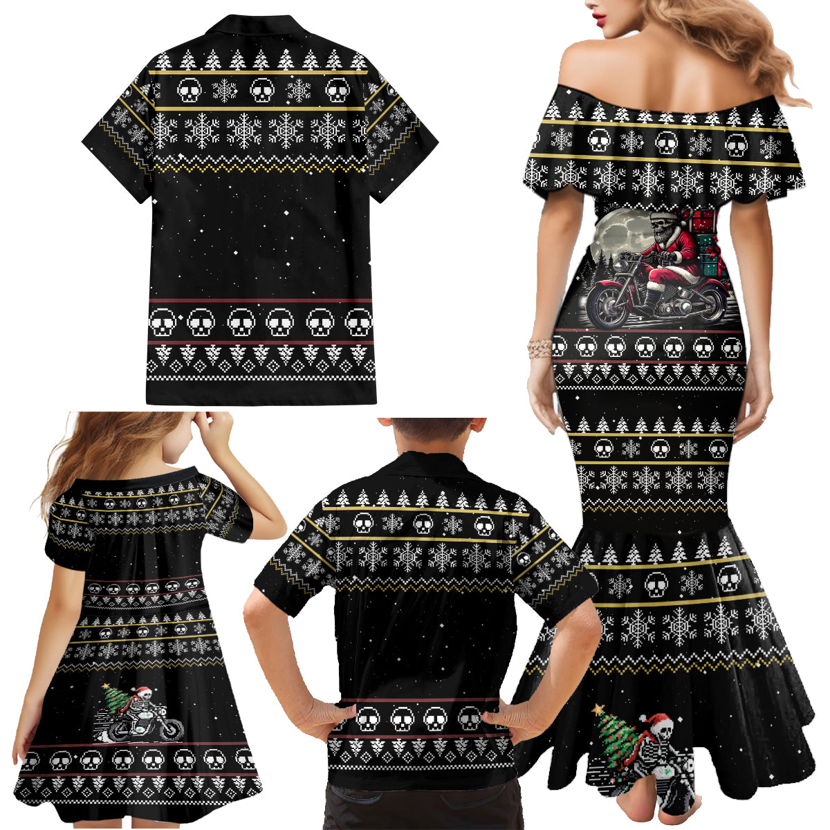 Christmas Skull Family Matching Mermaid Dress and Hawaiian Shirt Santa Skull Ride Motorbike - Wonder Print Shop