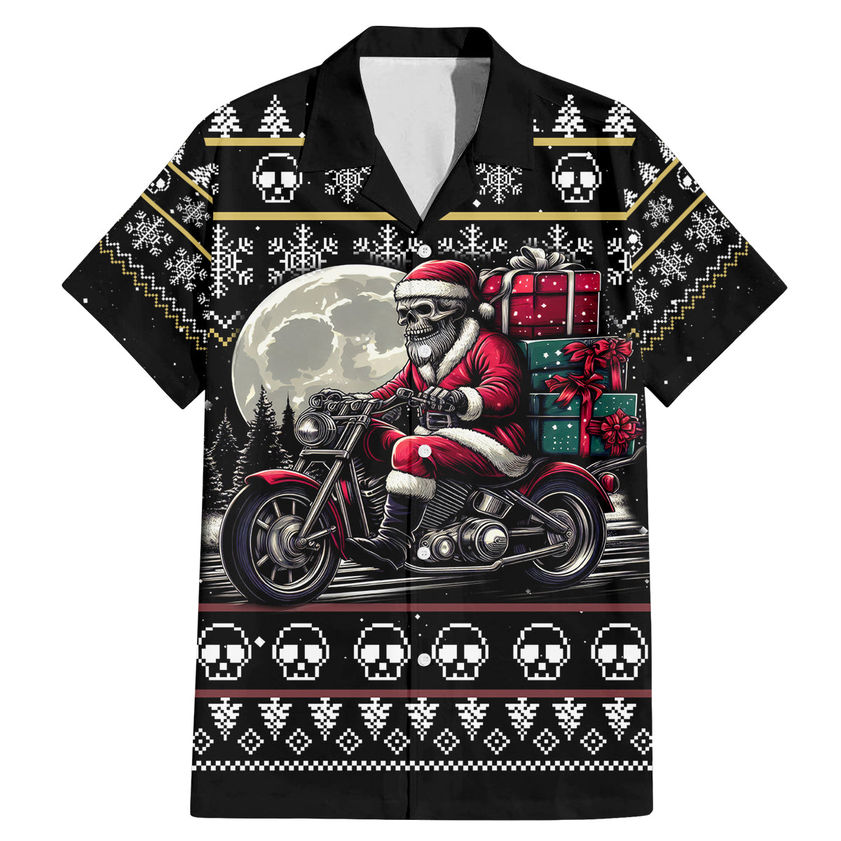 Christmas Skull Family Matching Mermaid Dress and Hawaiian Shirt Santa Skull Ride Motorbike - Wonder Print Shop