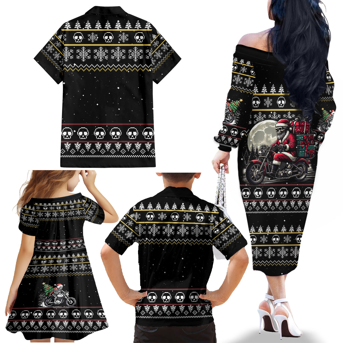 Christmas Skull Family Matching Off Shoulder Long Sleeve Dress and Hawaiian Shirt Santa Skull Ride Motorbike - Wonder Print Shop