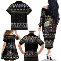 Christmas Skull Family Matching Off Shoulder Long Sleeve Dress and Hawaiian Shirt Santa Skull Ride Motorbike - Wonder Print Shop