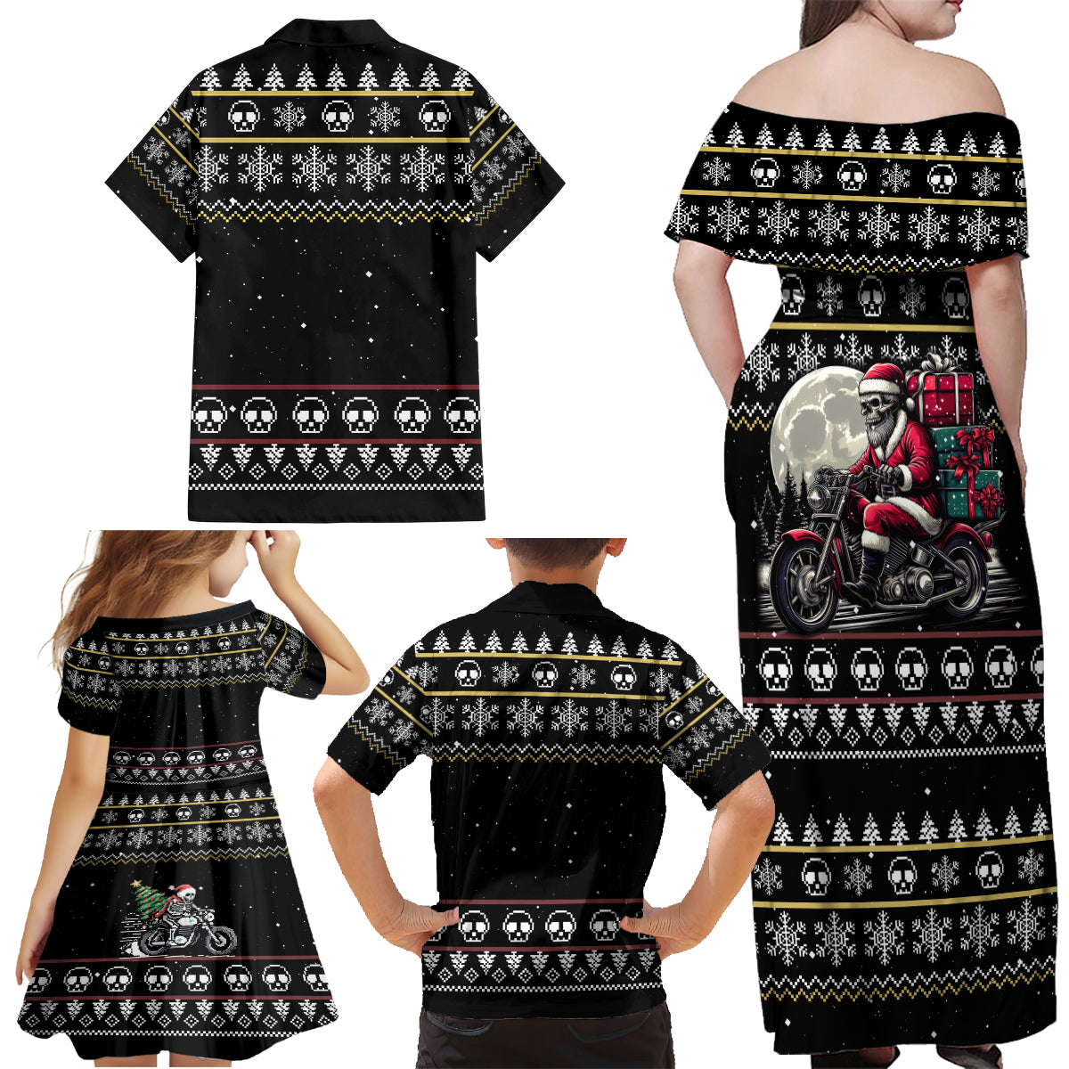 Christmas Skull Family Matching Off Shoulder Maxi Dress and Hawaiian Shirt Santa Skull Ride Motorbike - Wonder Print Shop