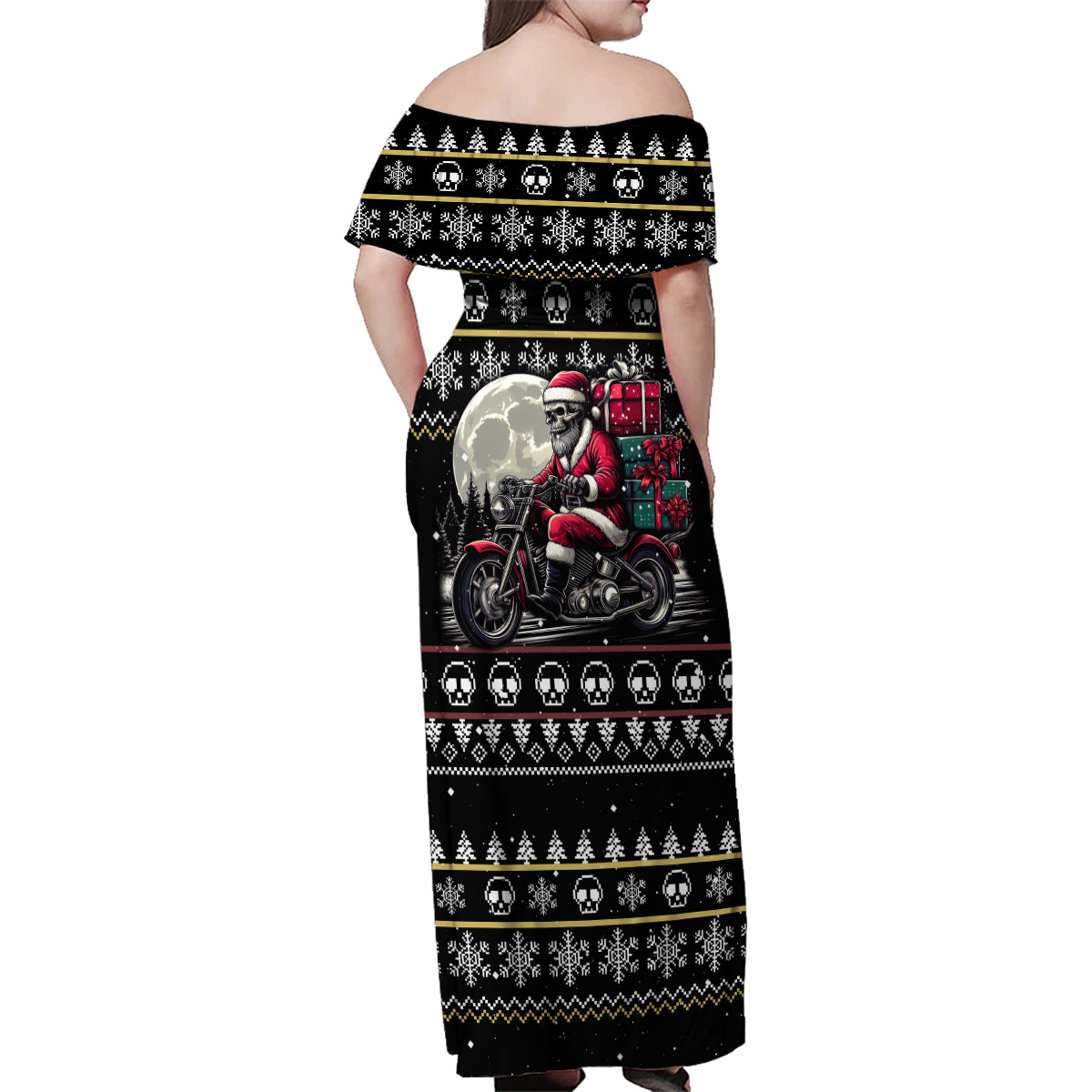 Christmas Skull Family Matching Off Shoulder Maxi Dress and Hawaiian Shirt Santa Skull Ride Motorbike - Wonder Print Shop