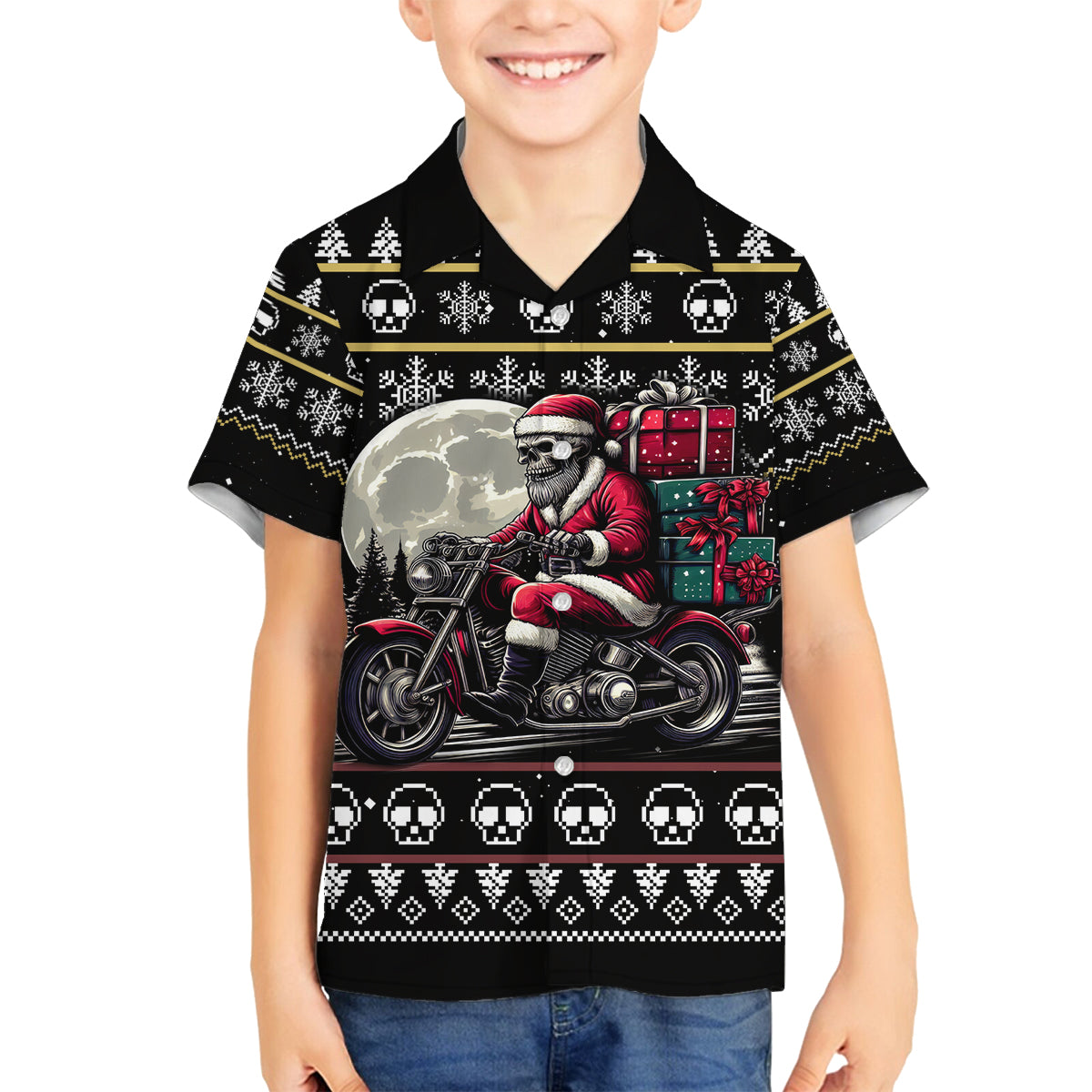 Christmas Skull Family Matching Off Shoulder Short Dress and Hawaiian Shirt Santa Skull Ride Motorbike - Wonder Print Shop