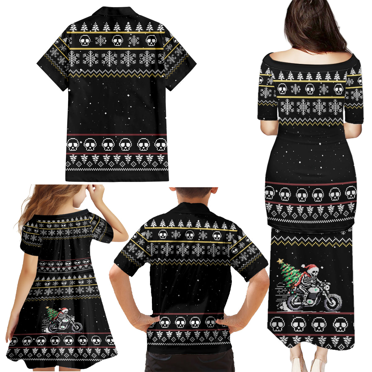 Christmas Skull Family Matching Puletasi Dress and Hawaiian Shirt Santa Skull Ride Motorbike - Wonder Print Shop