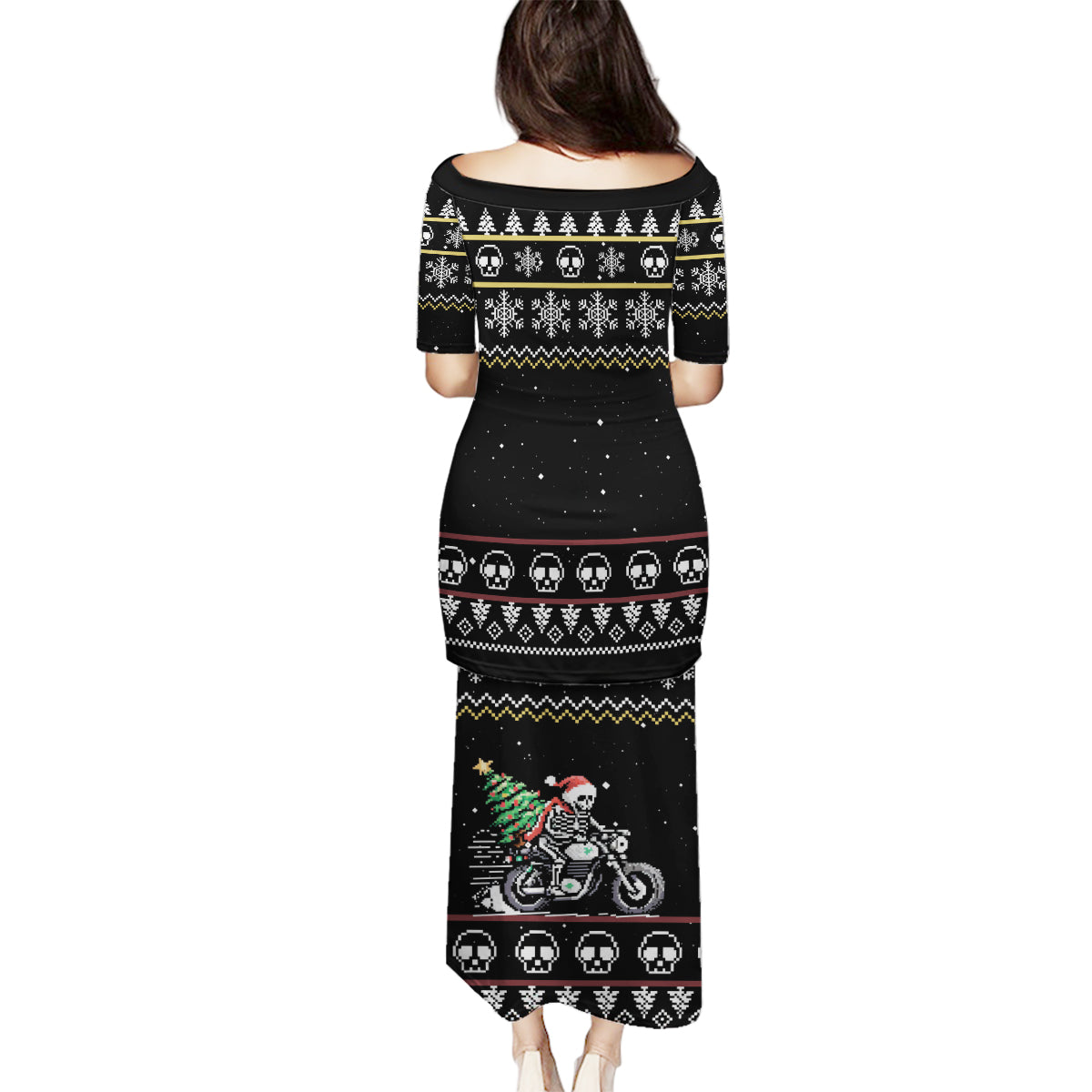 Christmas Skull Family Matching Puletasi Dress and Hawaiian Shirt Santa Skull Ride Motorbike - Wonder Print Shop