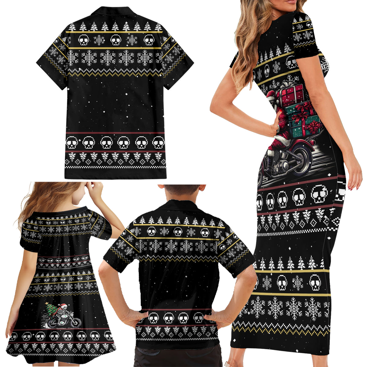 Christmas Skull Family Matching Short Sleeve Bodycon Dress and Hawaiian Shirt Santa Skull Ride Motorbike - Wonder Print Shop