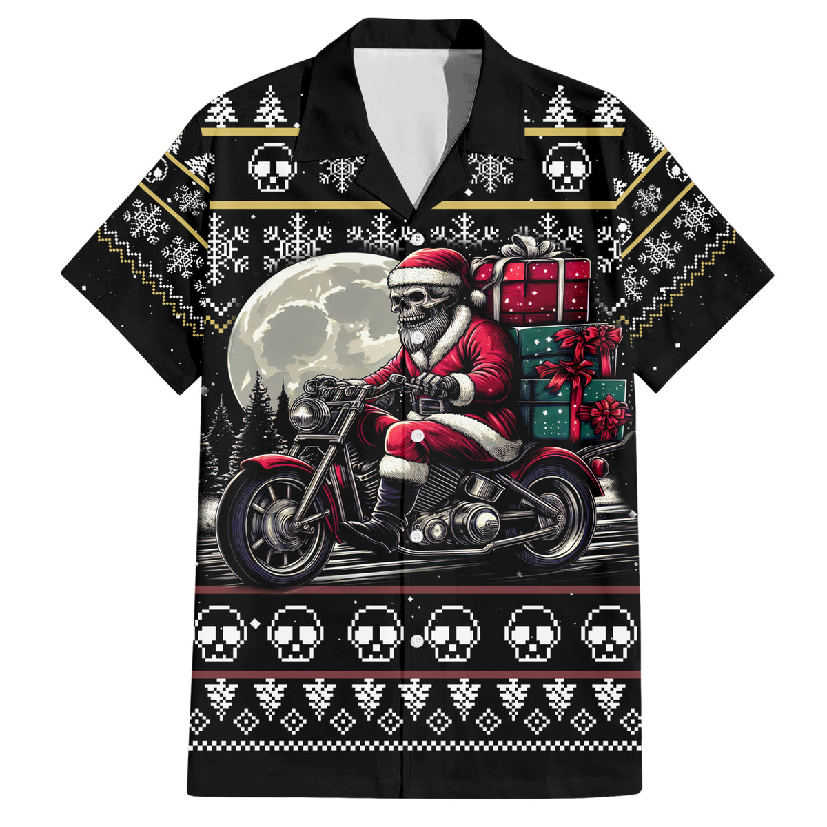 Christmas Skull Family Matching Short Sleeve Bodycon Dress and Hawaiian Shirt Santa Skull Ride Motorbike - Wonder Print Shop