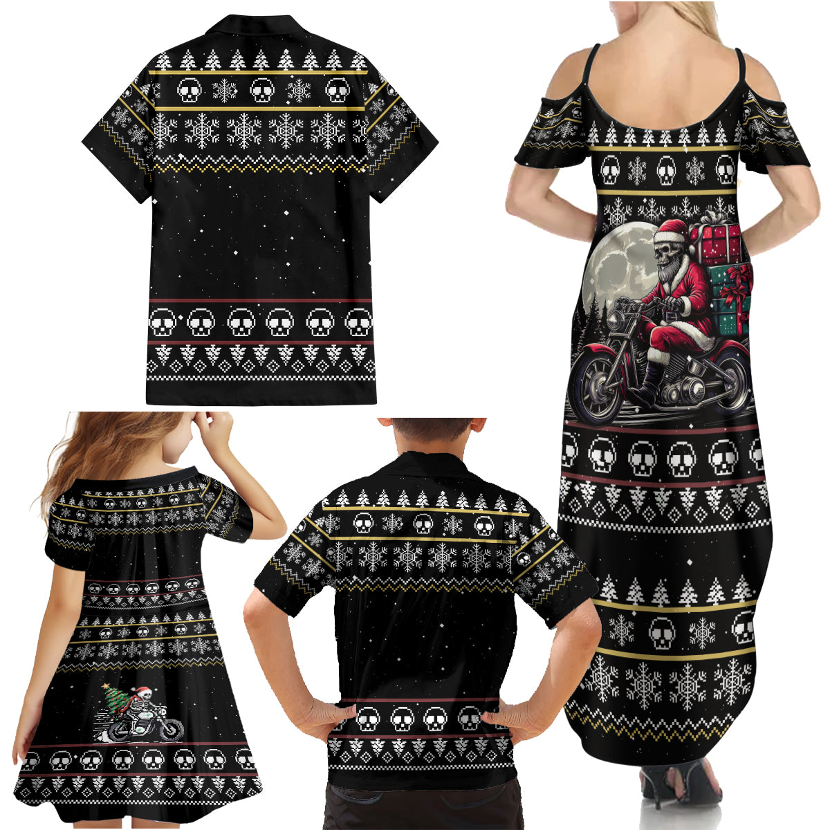 Christmas Skull Family Matching Summer Maxi Dress and Hawaiian Shirt Santa Skull Ride Motorbike - Wonder Print Shop