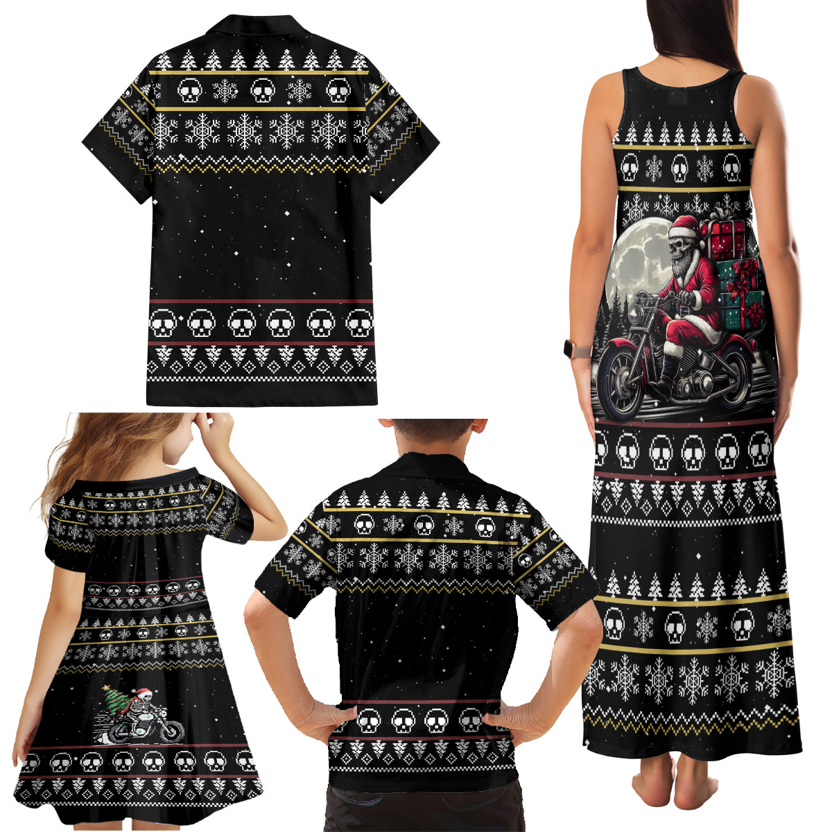 Christmas Skull Family Matching Tank Maxi Dress and Hawaiian Shirt Santa Skull Ride Motorbike - Wonder Print Shop