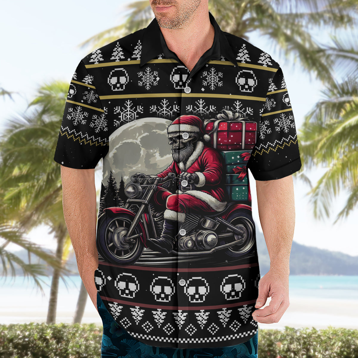 Christmas Skull Hawaiian Shirt Santa Skull Ride Motorbike - Wonder Print Shop