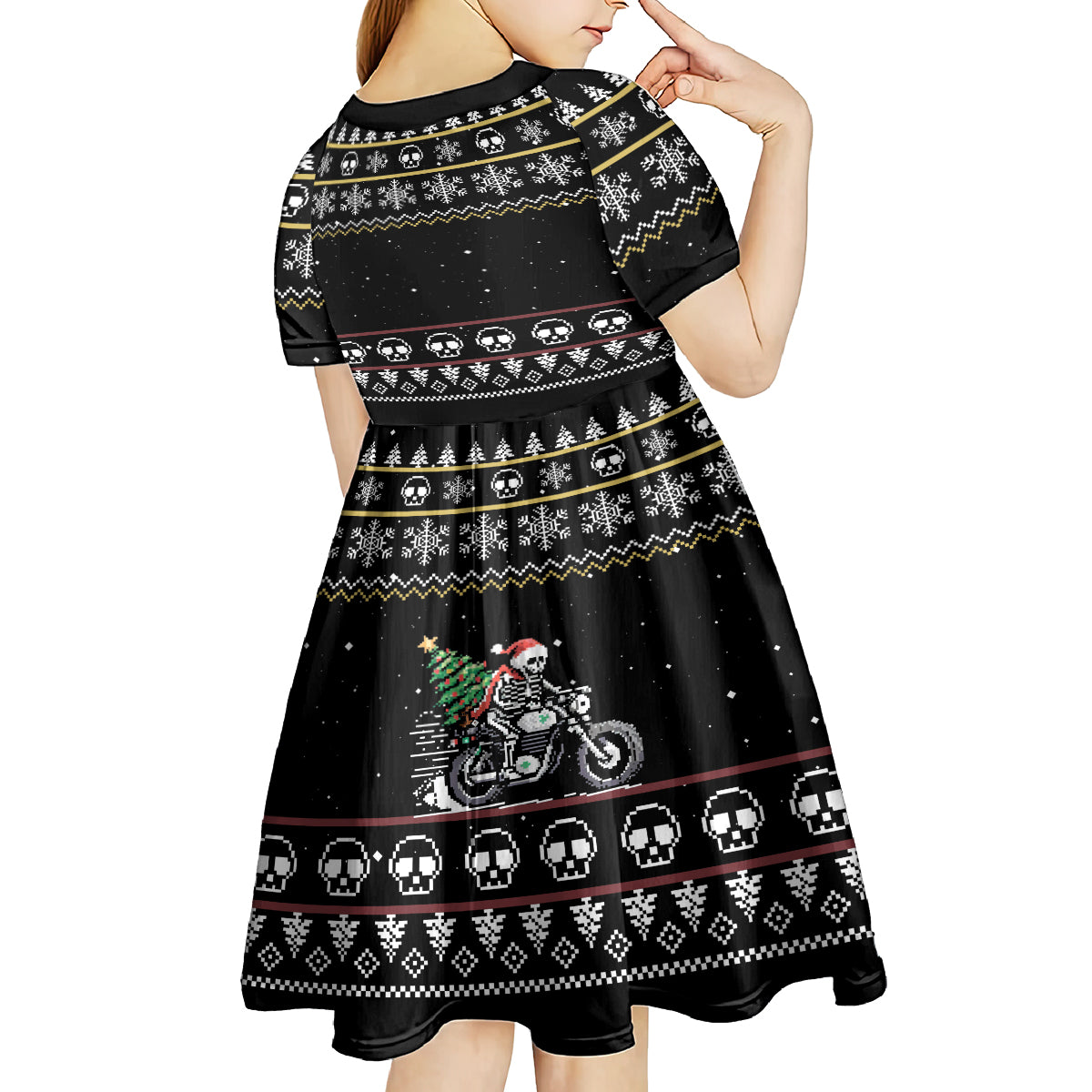 Christmas Skull Kid Short Sleeve Dress Santa Skull Ride Motorbike - Wonder Print Shop