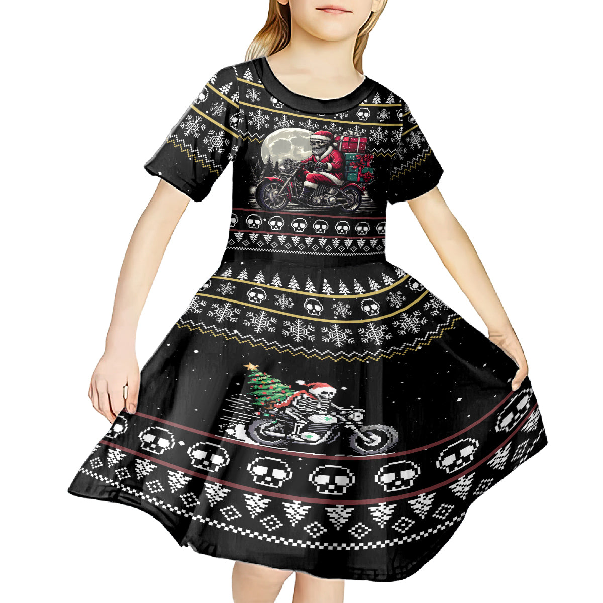 Christmas Skull Kid Short Sleeve Dress Santa Skull Ride Motorbike - Wonder Print Shop