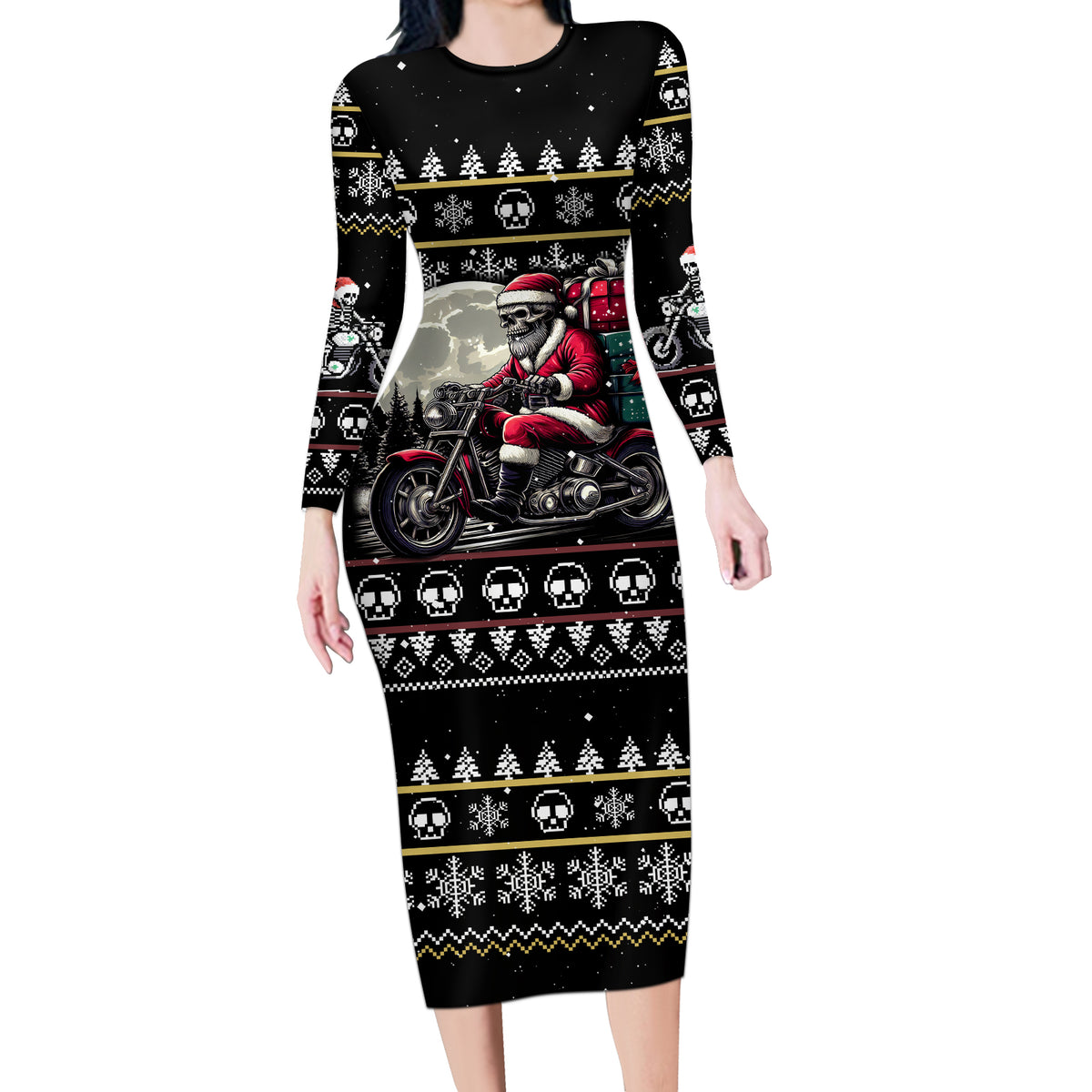 Christmas Skull Long Sleeve Bodycon Dress Santa Skull Ride Motorbike - Wonder Print Shop