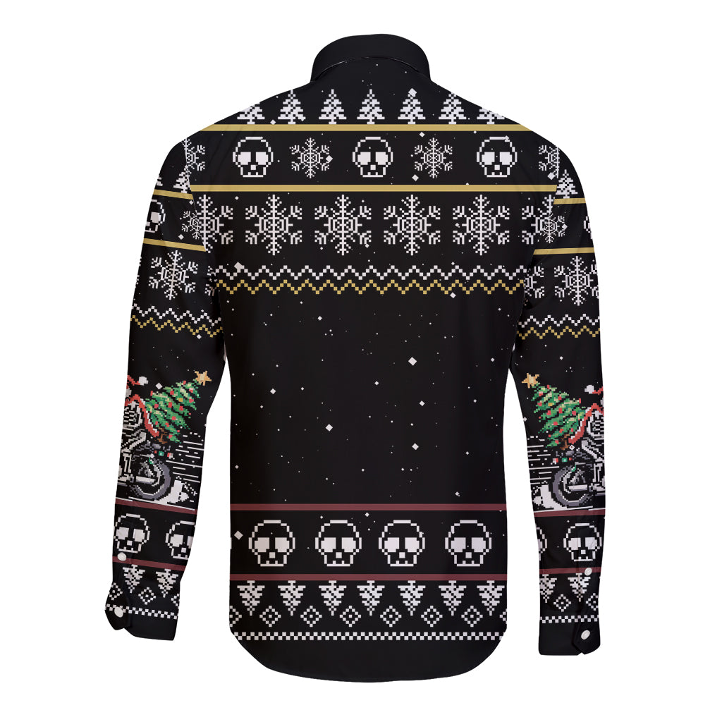 Christmas Skull Long Sleeve Button Shirt Santa Skull Ride Motorbike - Wonder Print Shop