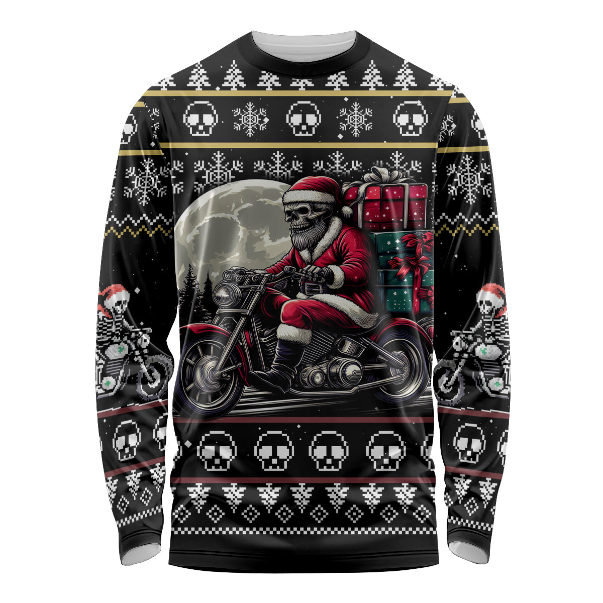 Christmas Skull Long Sleeve Shirt Santa Skull Ride Motorbike - Wonder Print Shop