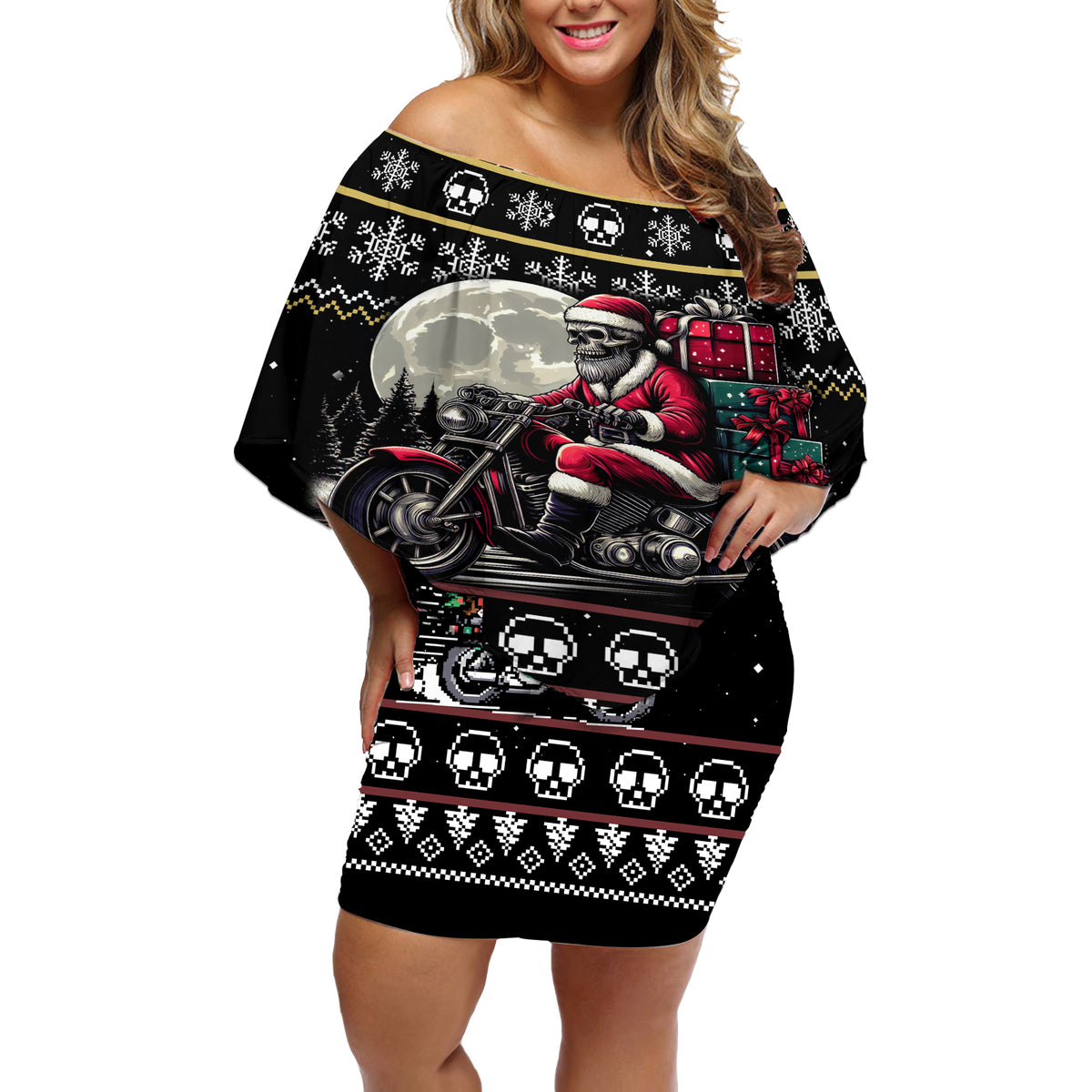 Christmas Skull Off Shoulder Short Dress Santa Skull Ride Motorbike - Wonder Print Shop