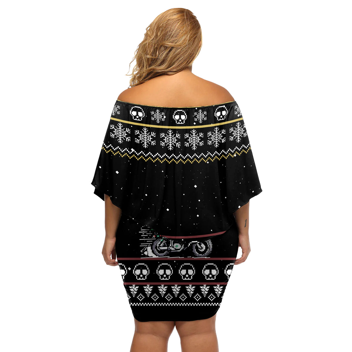 Christmas Skull Off Shoulder Short Dress Santa Skull Ride Motorbike - Wonder Print Shop
