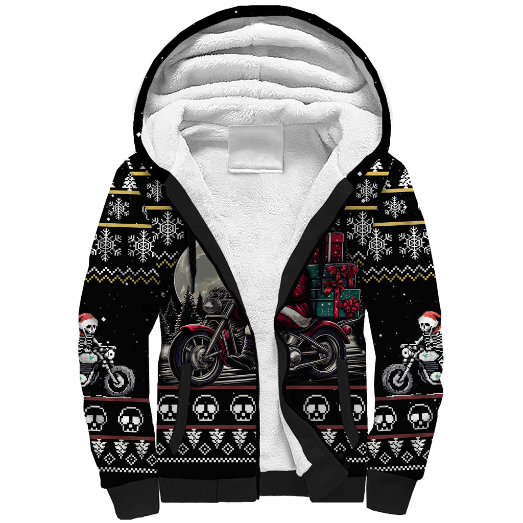 Christmas Skull Sherpa Hoodie Santa Skull Ride Motorbike - Wonder Print Shop