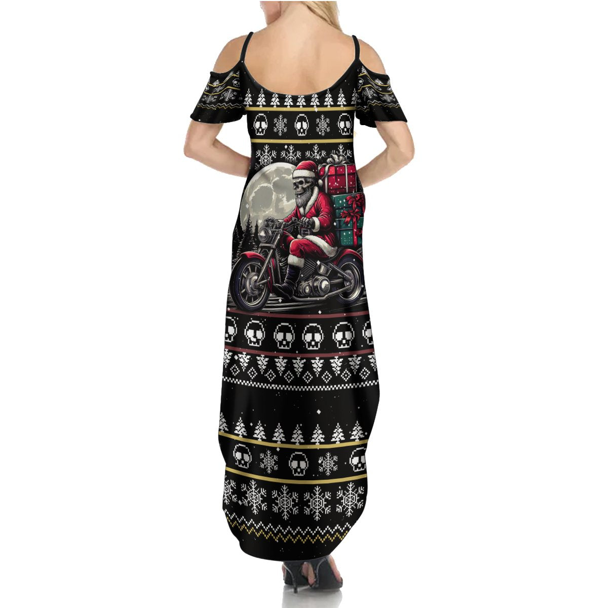 Christmas Skull Summer Maxi Dress Santa Skull Ride Motorbike - Wonder Print Shop
