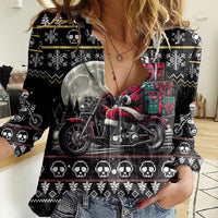 Christmas Skull Women Casual Shirt Santa Skull Ride Motorbike - Wonder Print Shop