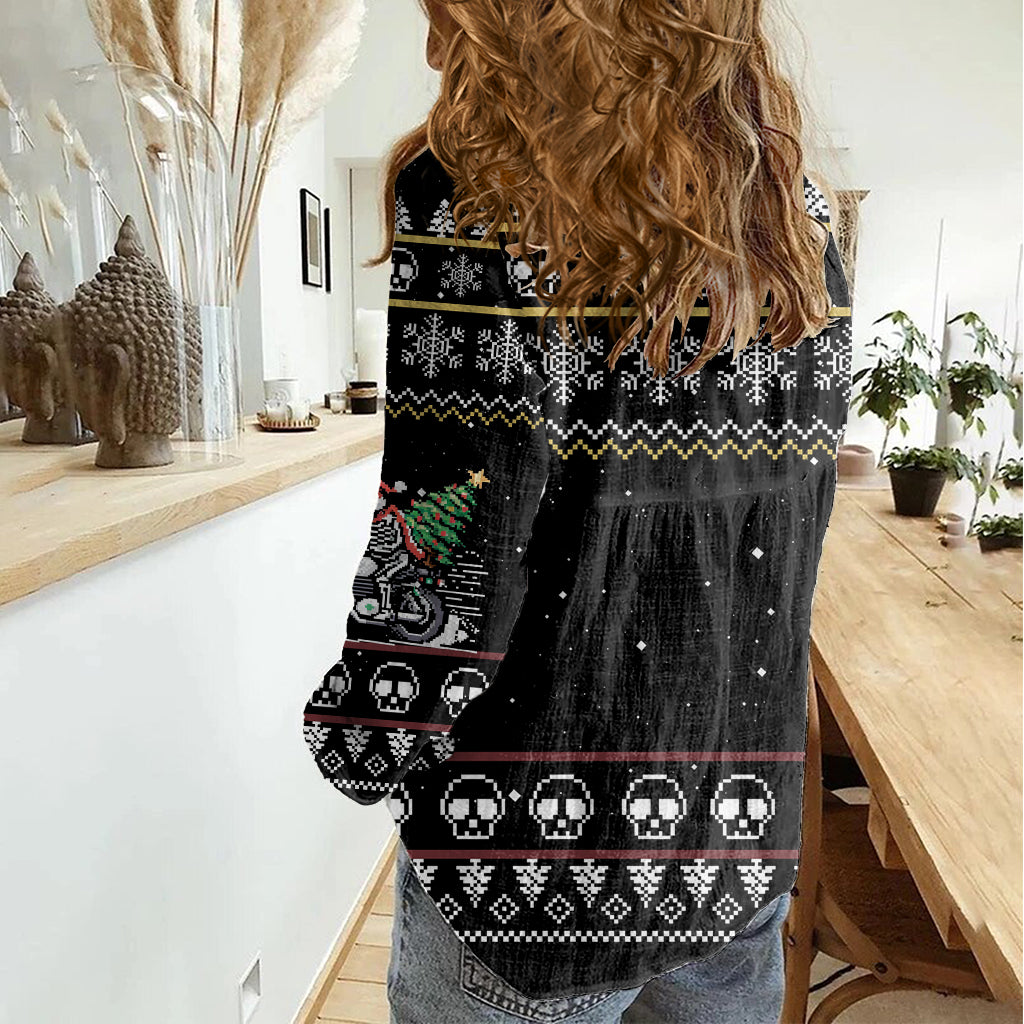 Christmas Skull Women Casual Shirt Santa Skull Ride Motorbike - Wonder Print Shop