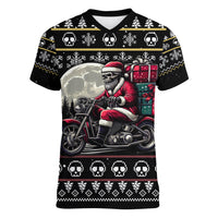 Christmas Skull Women V Neck T Shirt Santa Skull Ride Motorbike - Wonder Print Shop