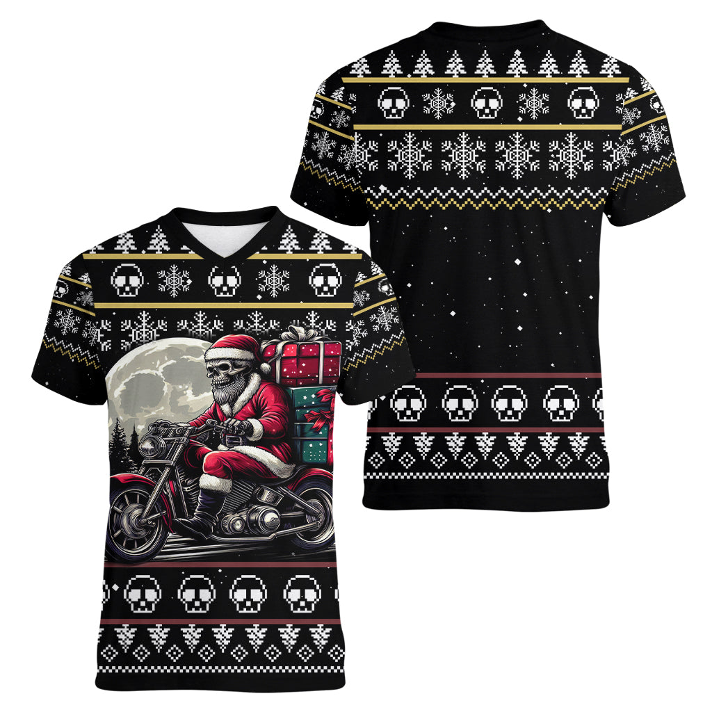 Christmas Skull Women V Neck T Shirt Santa Skull Ride Motorbike - Wonder Print Shop
