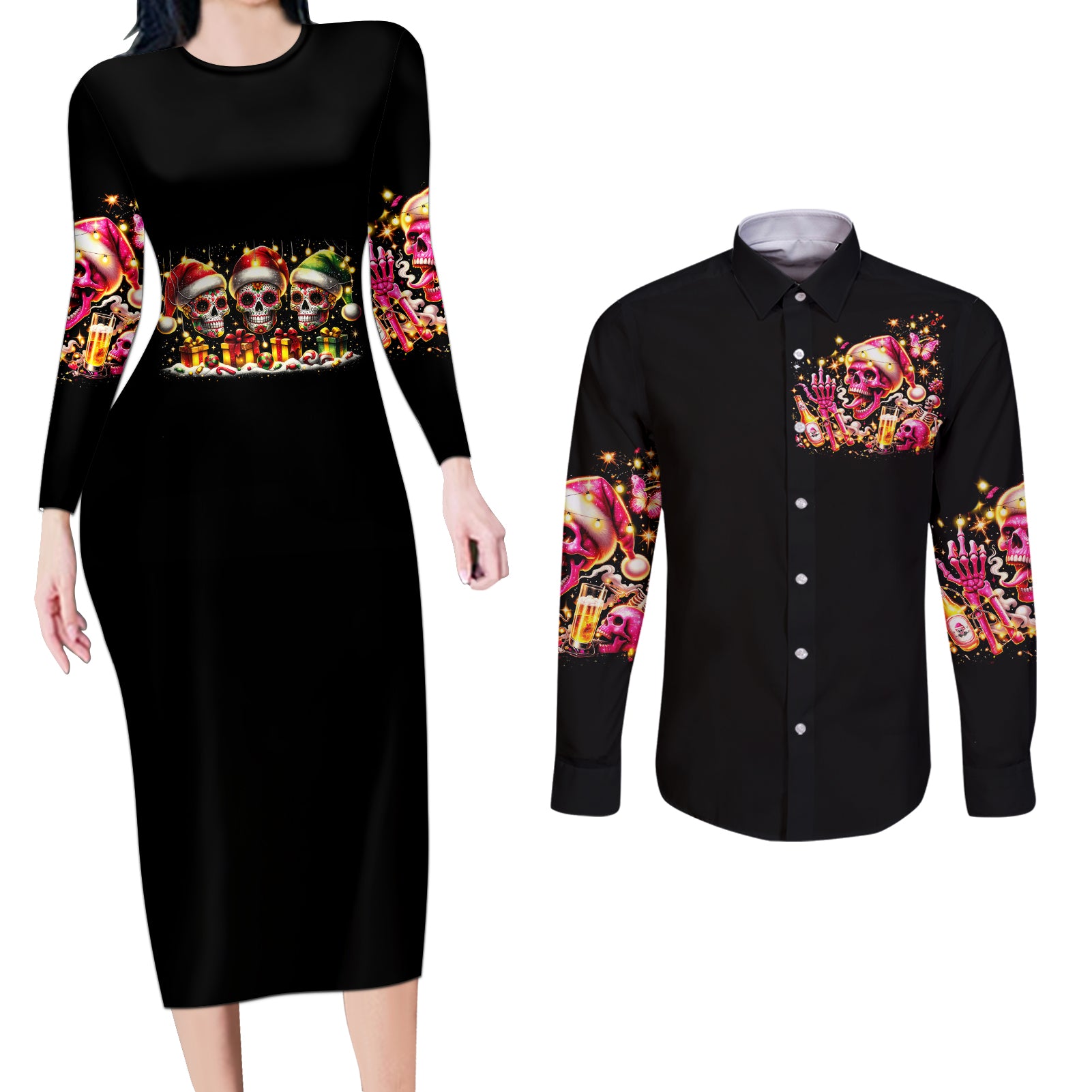 Christmas Skull Couples Matching Long Sleeve Bodycon Dress and Long Sleeve Button Shirt Christmas Tree Skull - Wonder Print Shop