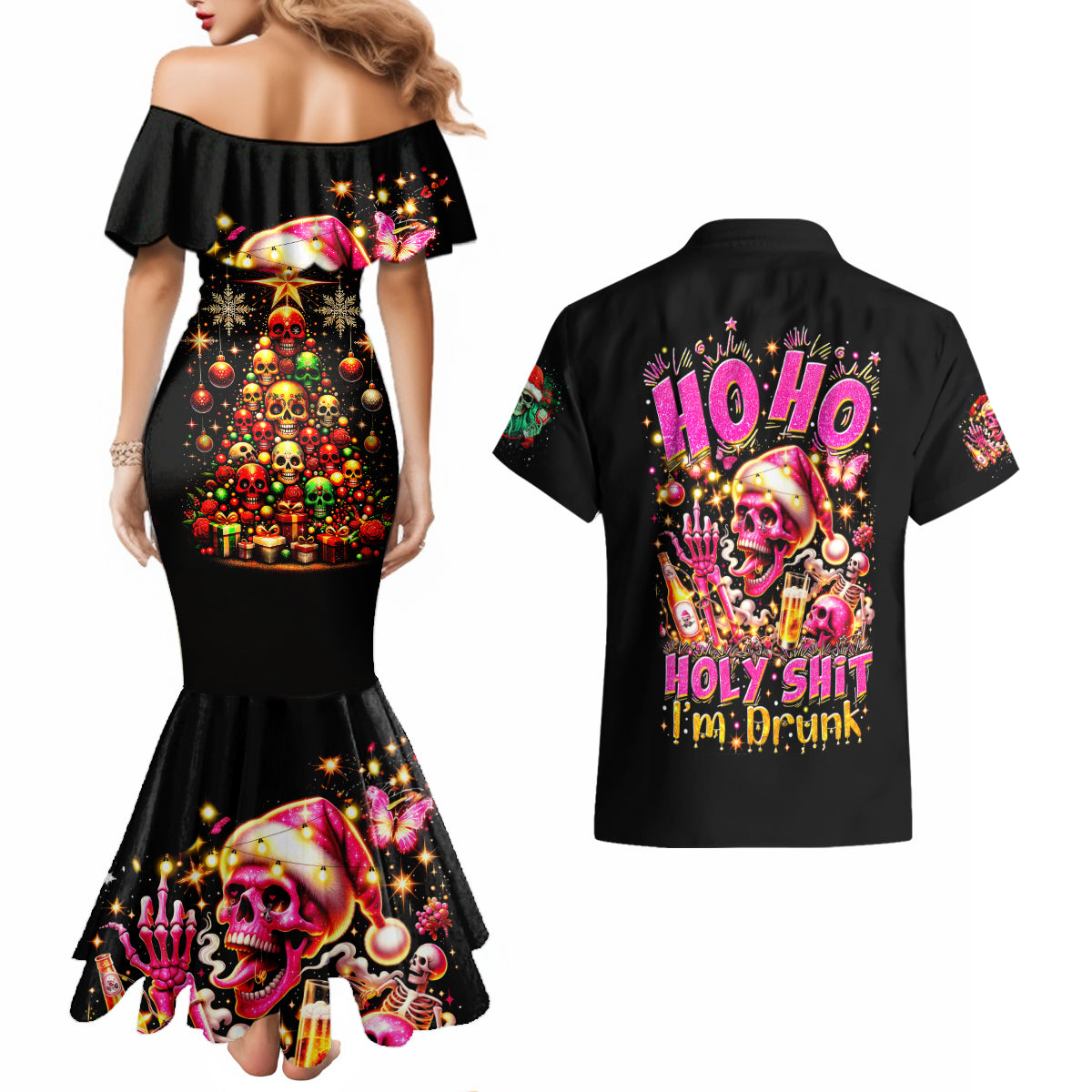 Christmas Skull Couples Matching Mermaid Dress and Hawaiian Shirt Christmas Tree Skull - Wonder Print Shop
