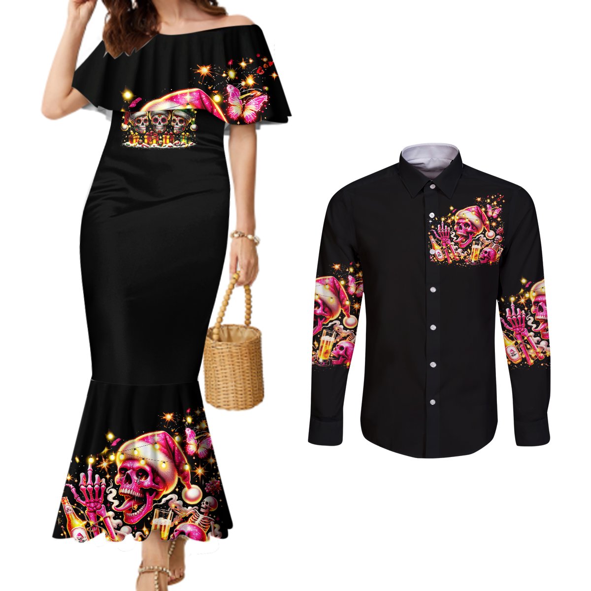 christmas-skull-couples-matching-mermaid-dress-and-long-sleeve-button-shirt-christmas-tree-skull
