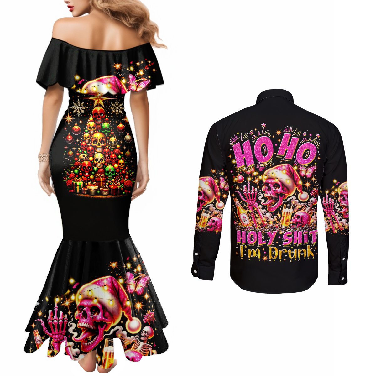 christmas-skull-couples-matching-mermaid-dress-and-long-sleeve-button-shirt-christmas-tree-skull