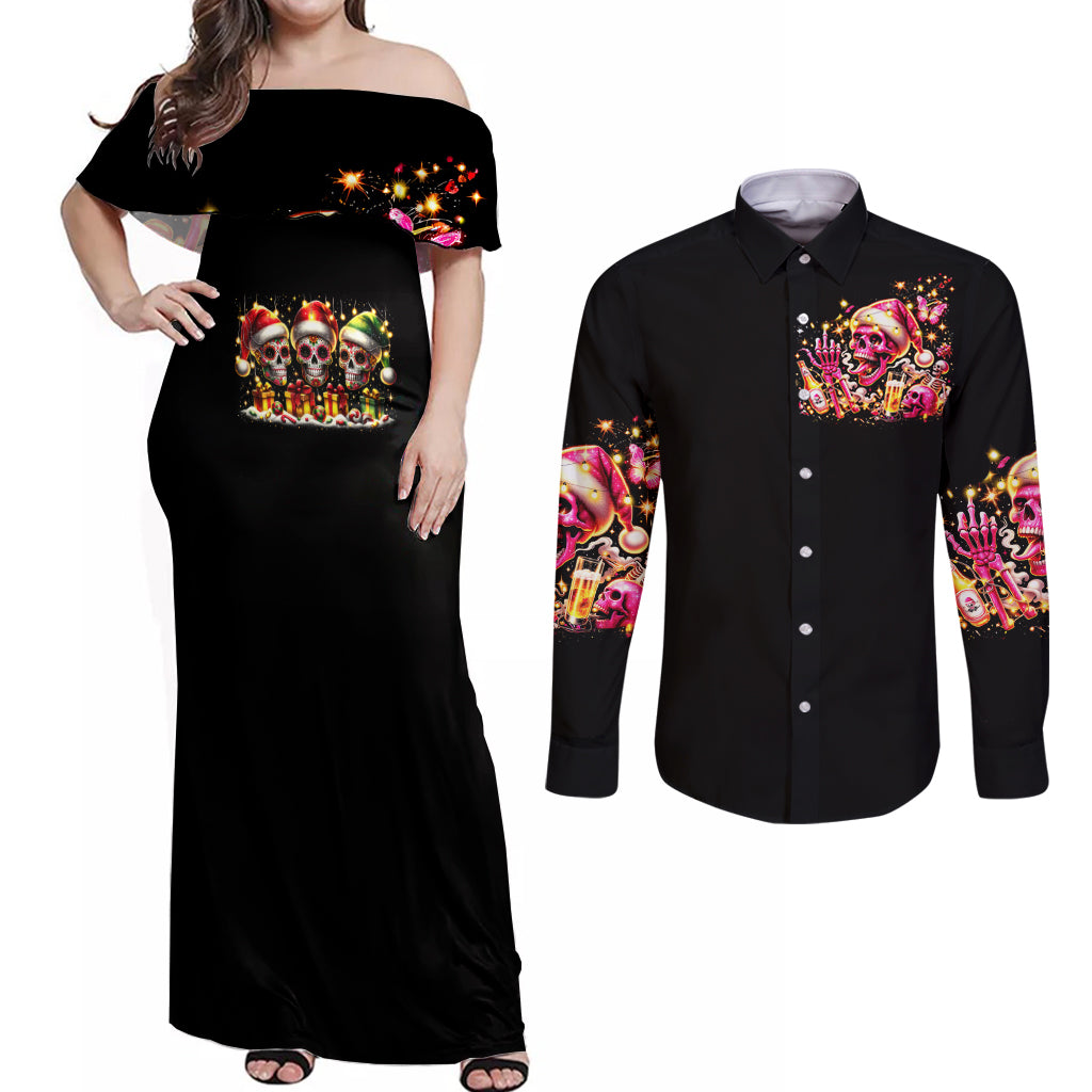 Christmas Skull Couples Matching Off Shoulder Maxi Dress and Long Sleeve Button Shirt Christmas Tree Skull - Wonder Print Shop