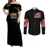 Christmas Skull Couples Matching Off Shoulder Maxi Dress and Long Sleeve Button Shirt Christmas Tree Skull - Wonder Print Shop