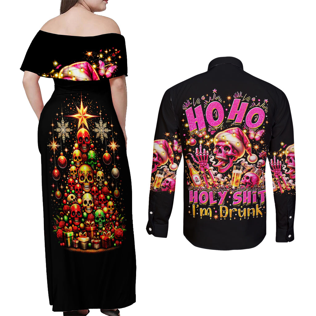 Christmas Skull Couples Matching Off Shoulder Maxi Dress and Long Sleeve Button Shirt Christmas Tree Skull - Wonder Print Shop