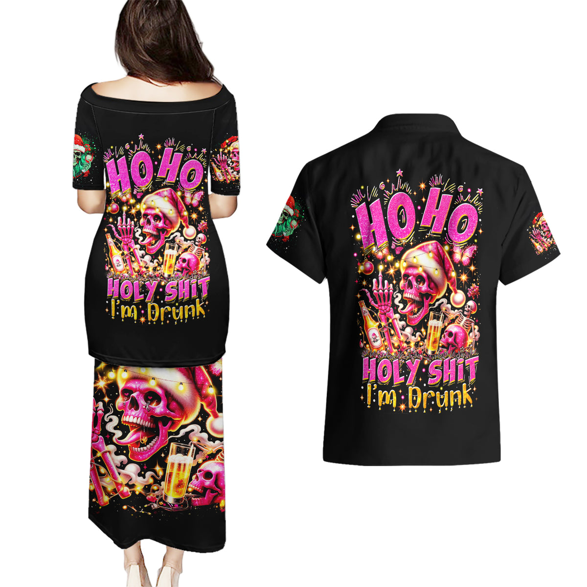 Christmas Skull Couples Matching Puletasi Dress and Hawaiian Shirt Christmas Tree Skull - Wonder Print Shop