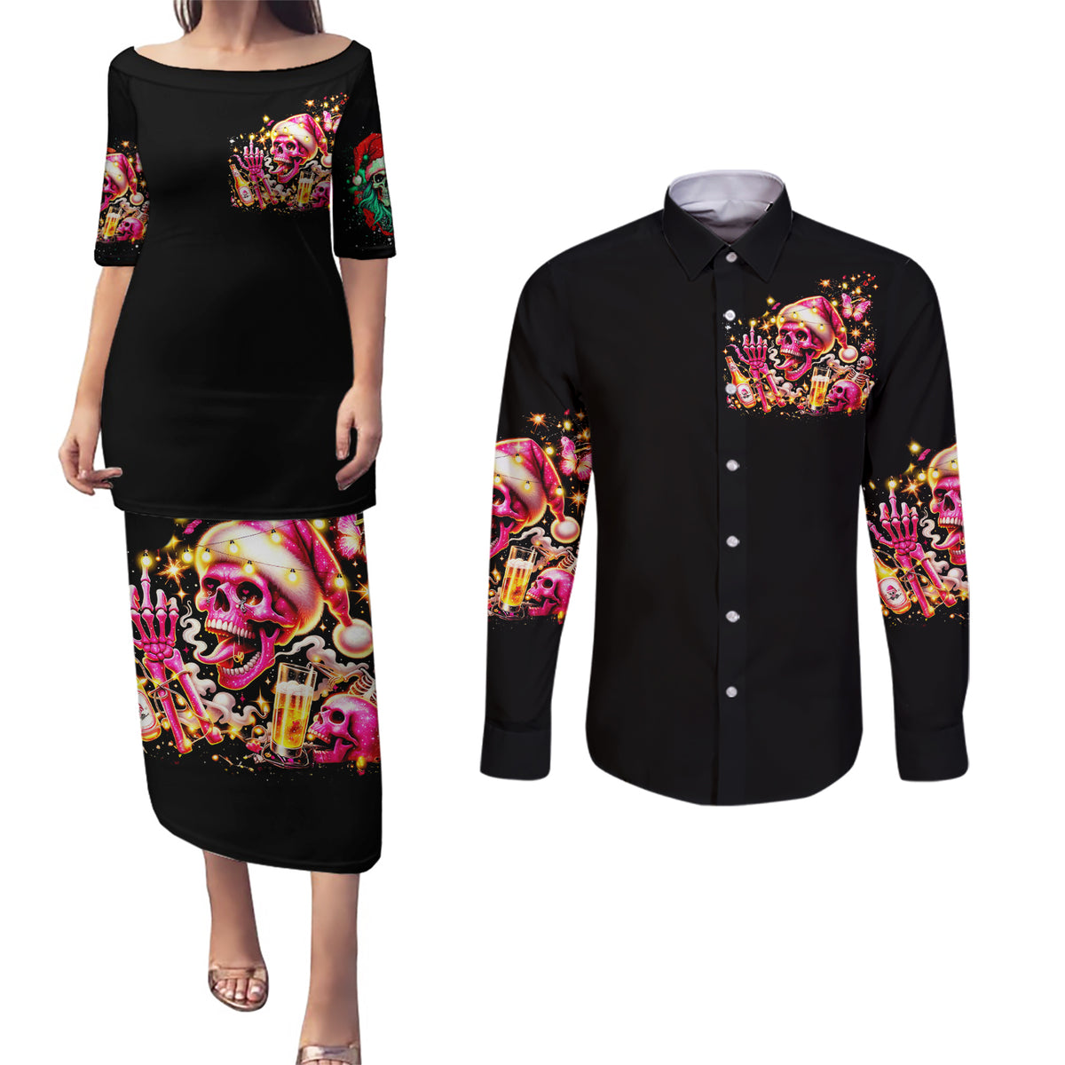 Christmas Skull Couples Matching Puletasi Dress and Long Sleeve Button Shirt Christmas Tree Skull - Wonder Print Shop