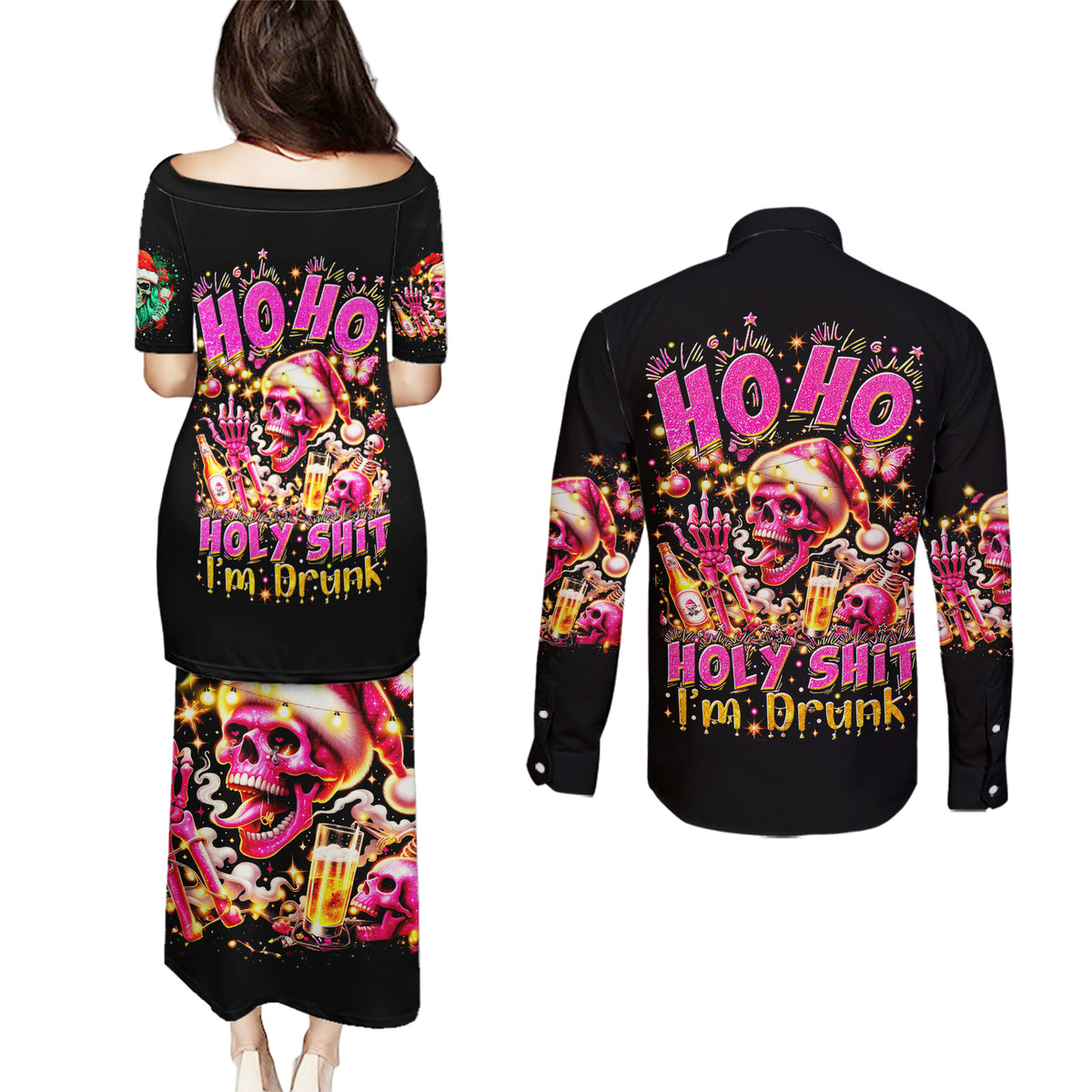 Christmas Skull Couples Matching Puletasi Dress and Long Sleeve Button Shirt Christmas Tree Skull - Wonder Print Shop