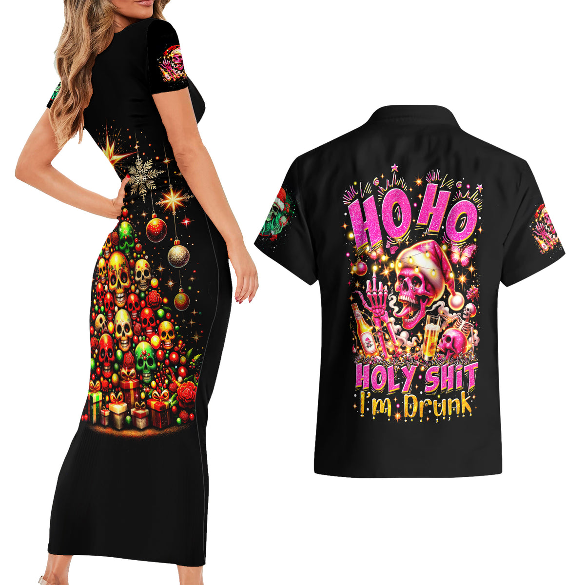 Christmas Skull Couples Matching Short Sleeve Bodycon Dress and Hawaiian Shirt Christmas Tree Skull - Wonder Print Shop