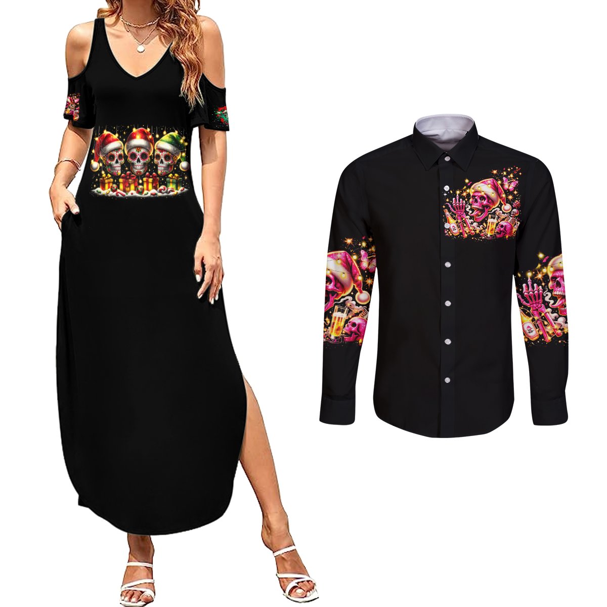 Christmas Skull Couples Matching Summer Maxi Dress and Long Sleeve Button Shirt Christmas Tree Skull - Wonder Print Shop