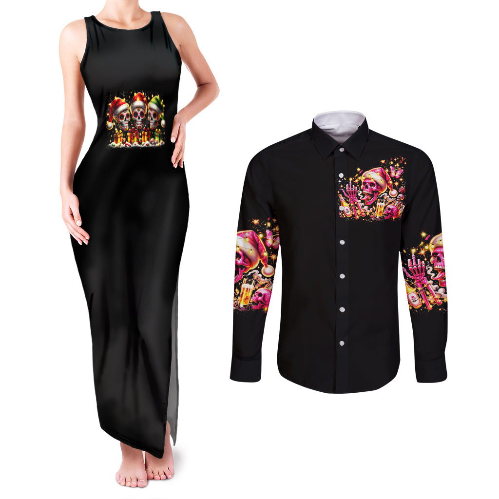 Christmas Skull Couples Matching Tank Maxi Dress and Long Sleeve Button Shirt Christmas Tree Skull - Wonder Print Shop