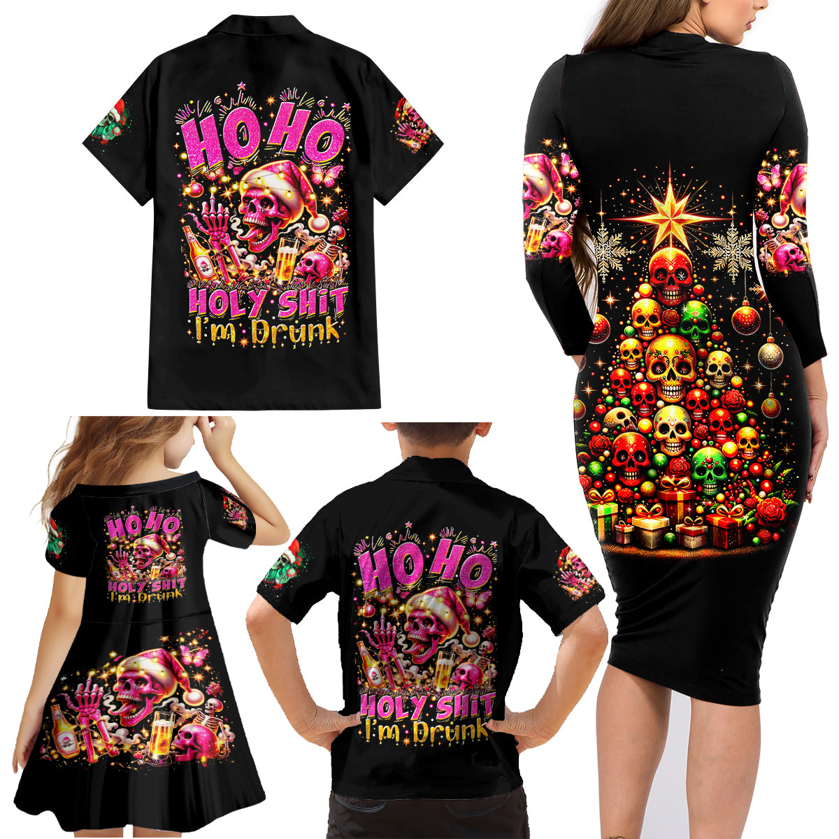 Christmas Skull Family Matching Long Sleeve Bodycon Dress and Hawaiian Shirt Christmas Tree Skull - Wonder Print Shop