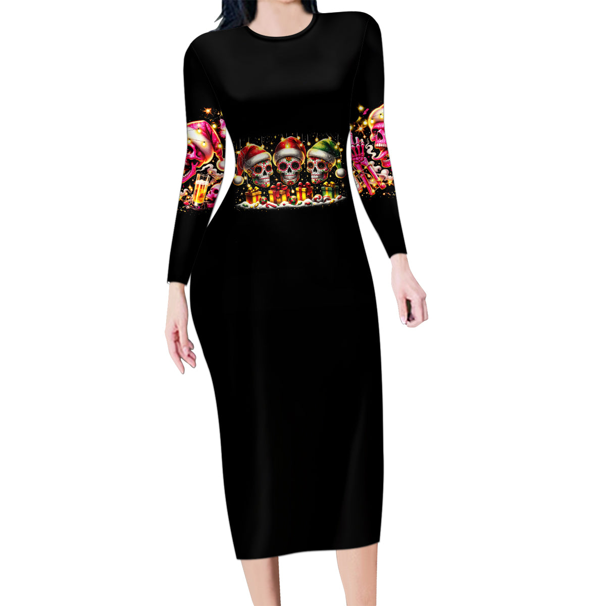 Christmas Skull Family Matching Long Sleeve Bodycon Dress and Hawaiian Shirt Christmas Tree Skull - Wonder Print Shop