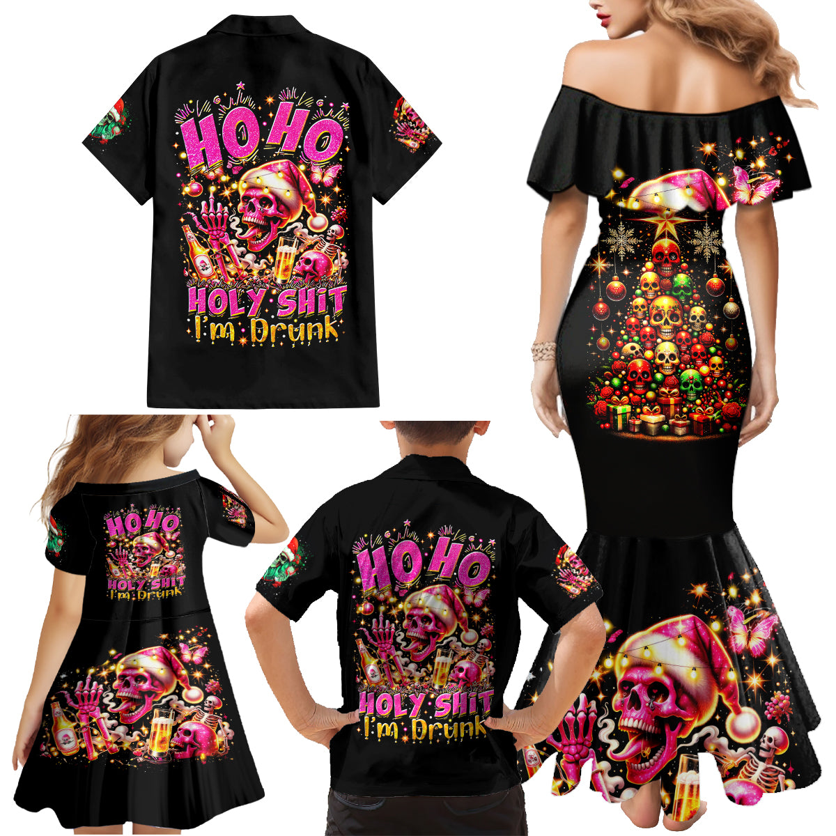 Christmas Skull Family Matching Mermaid Dress and Hawaiian Shirt Christmas Tree Skull - Wonder Print Shop
