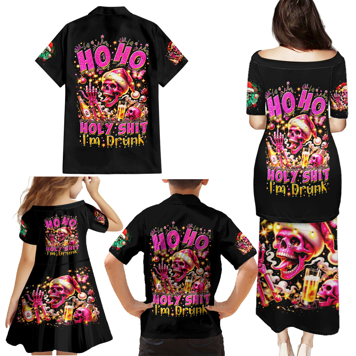 Christmas Skull Family Matching Puletasi Dress and Hawaiian Shirt Christmas Tree Skull - Wonder Print Shop