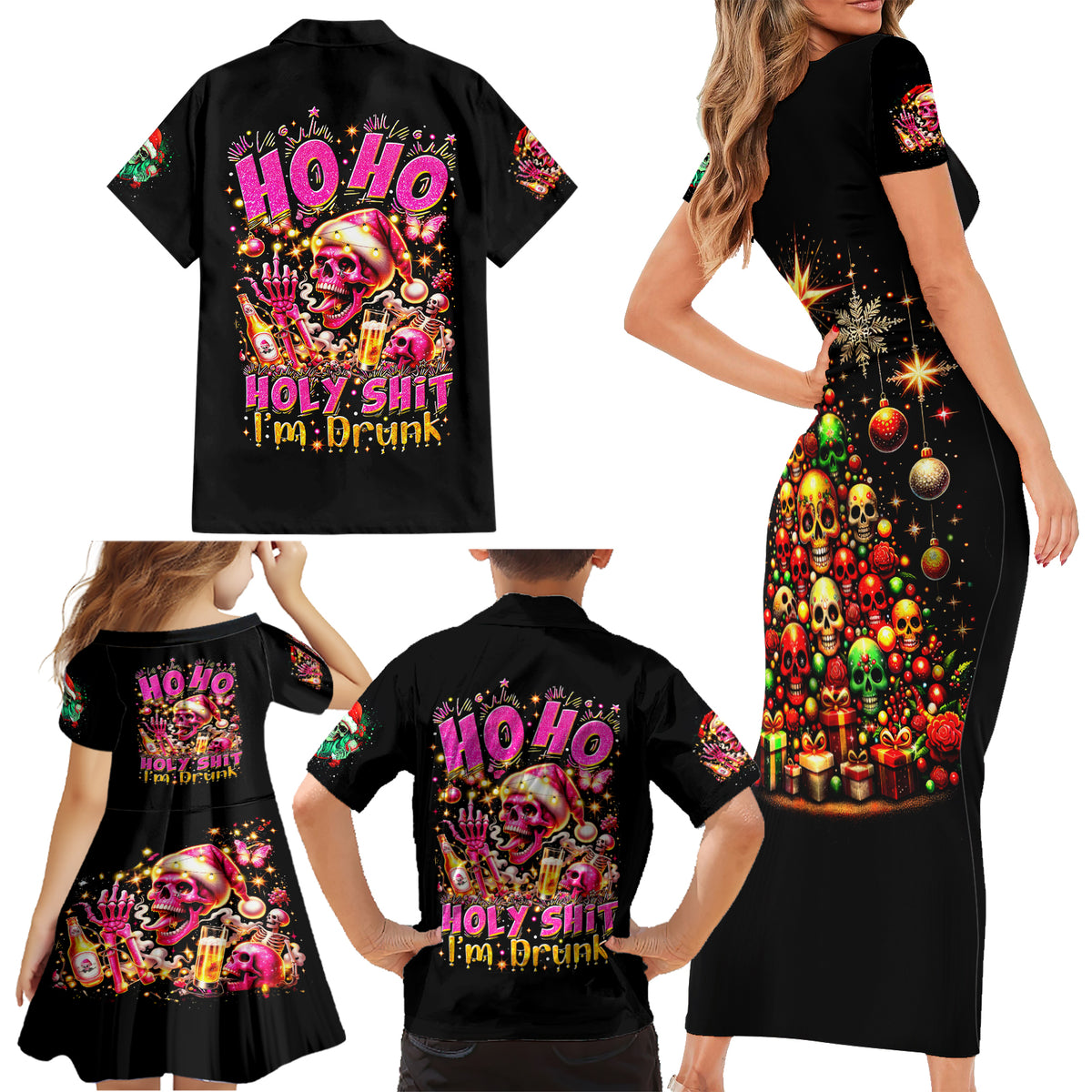 Christmas Skull Family Matching Short Sleeve Bodycon Dress and Hawaiian Shirt Christmas Tree Skull - Wonder Print Shop